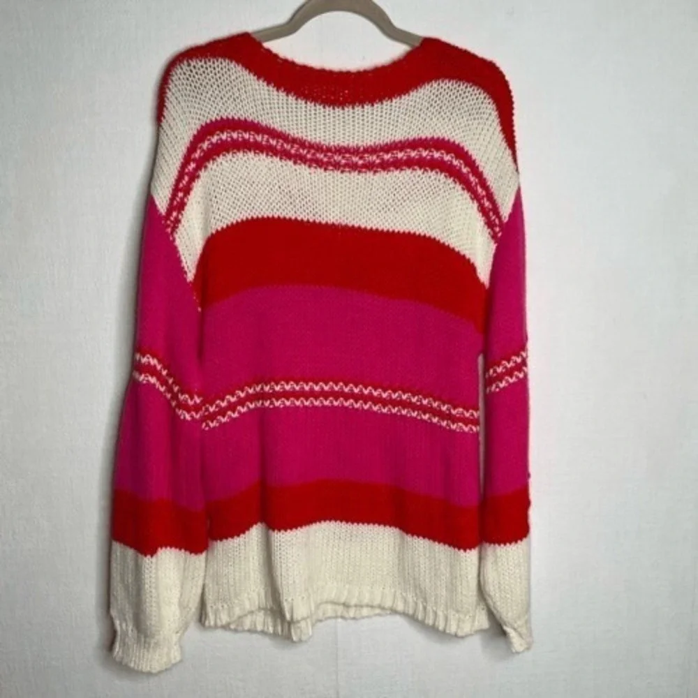 Angashion ColorBlock‎ Soft Oversized Long Sleeve V-Neck Barbie Sweater Women XL